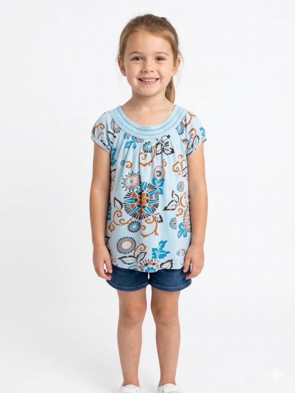 GAP Light Blue Floral Smocked Yoke Short Sleeve Top